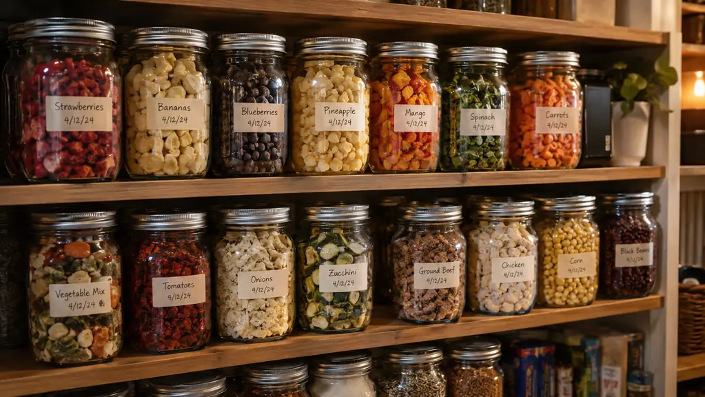 Pantry shelf lined with sealed mason jars of freeze-dried food, each labeled with a handwritten date.
