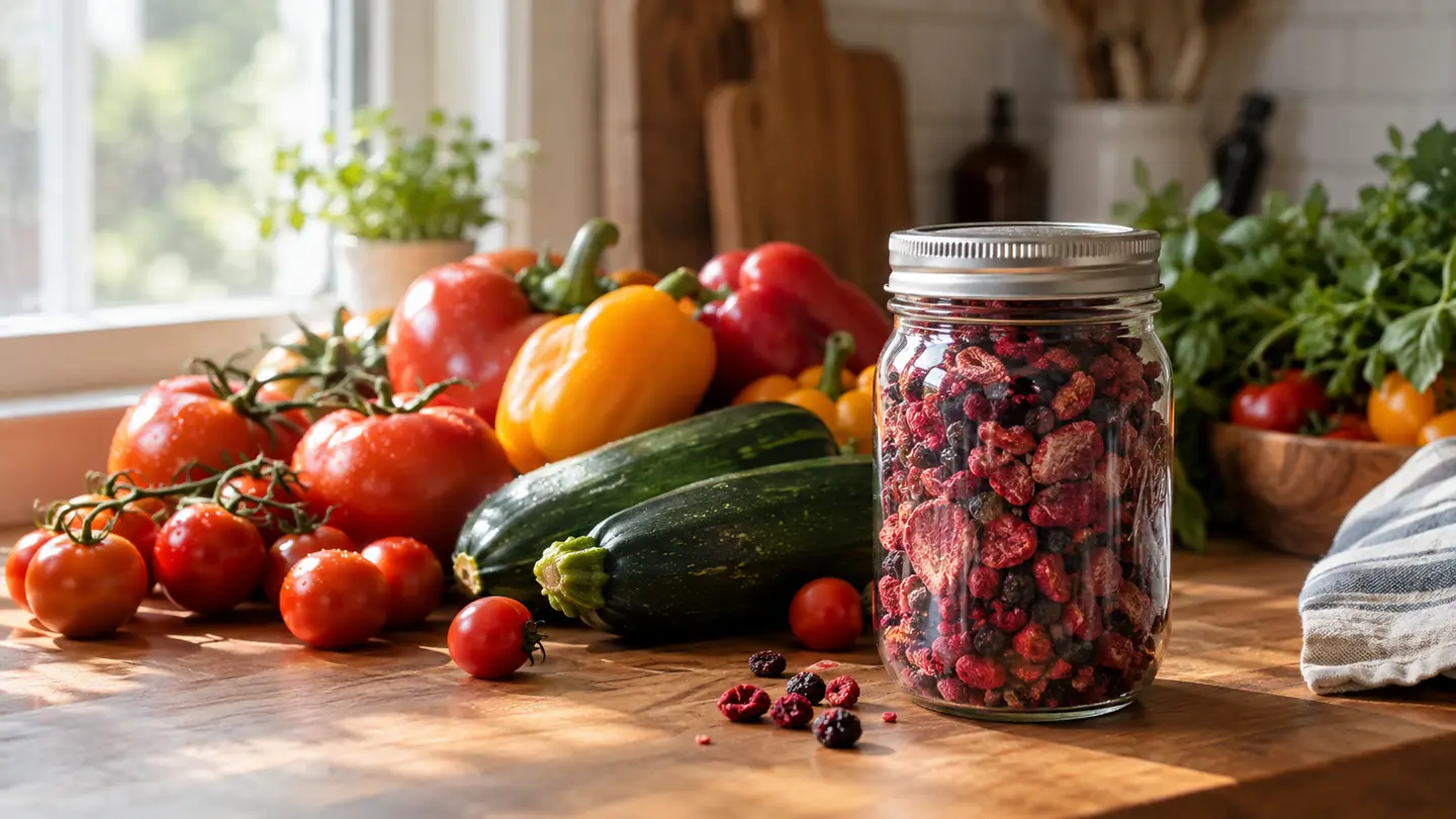 Kitchen counter piled with fresh garden tomatoes and zucchini beside a sealed mason jar of freeze-dried berries in soft morning light.