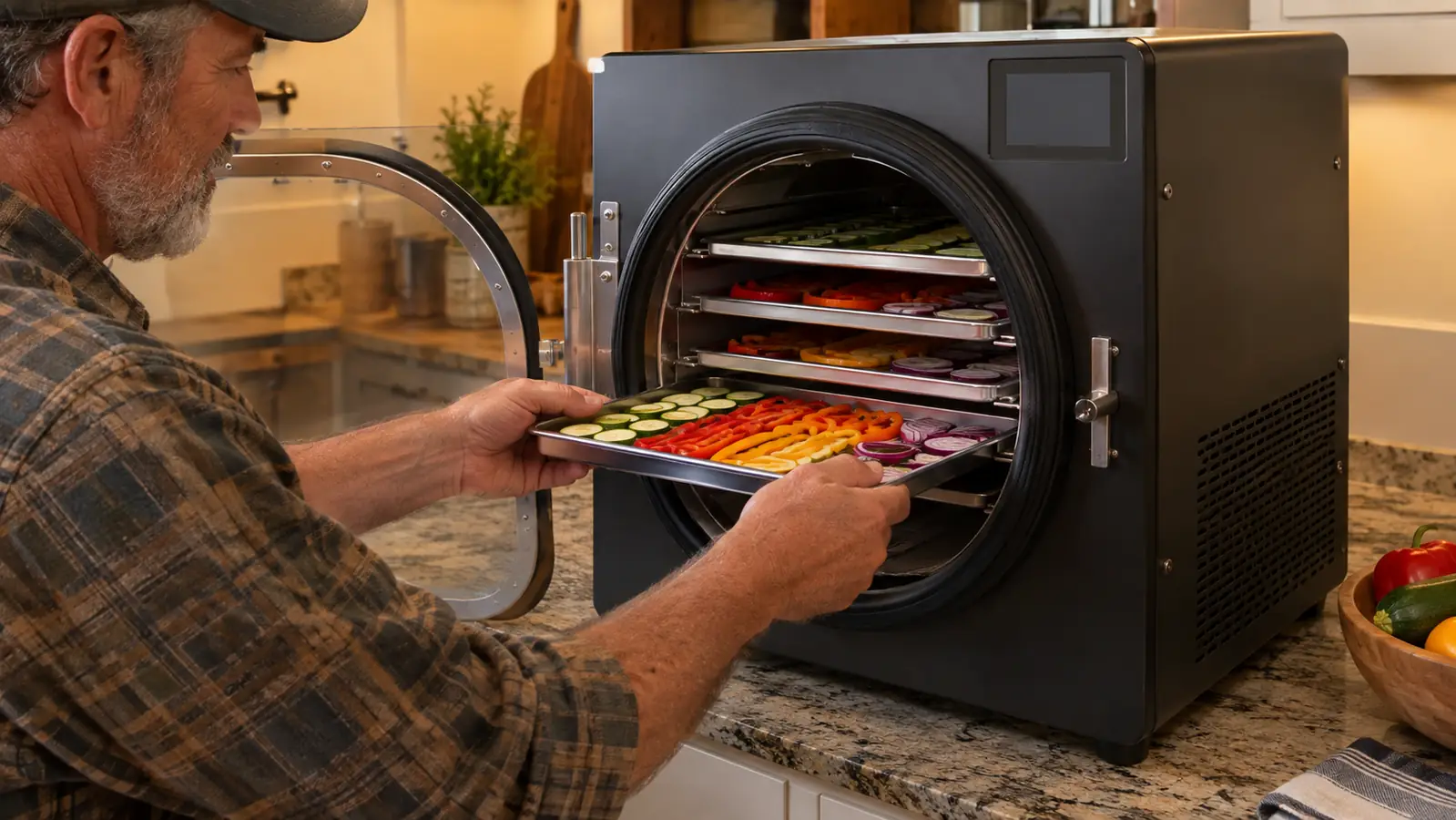 Hands loading food trays into a freeze dryer chamber