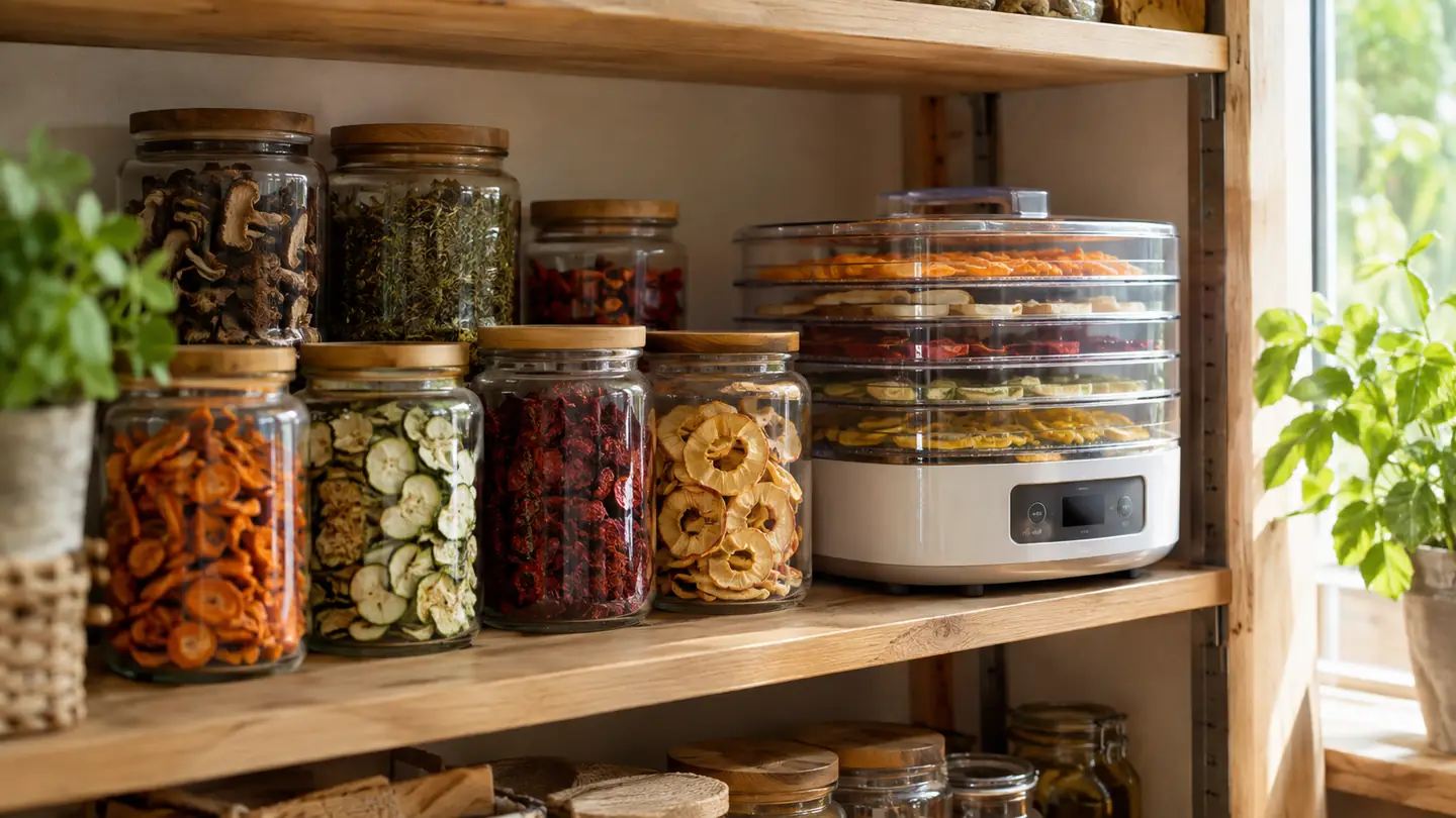 Pantry shelf with jars of freeze-dried food next to a small dehydrator