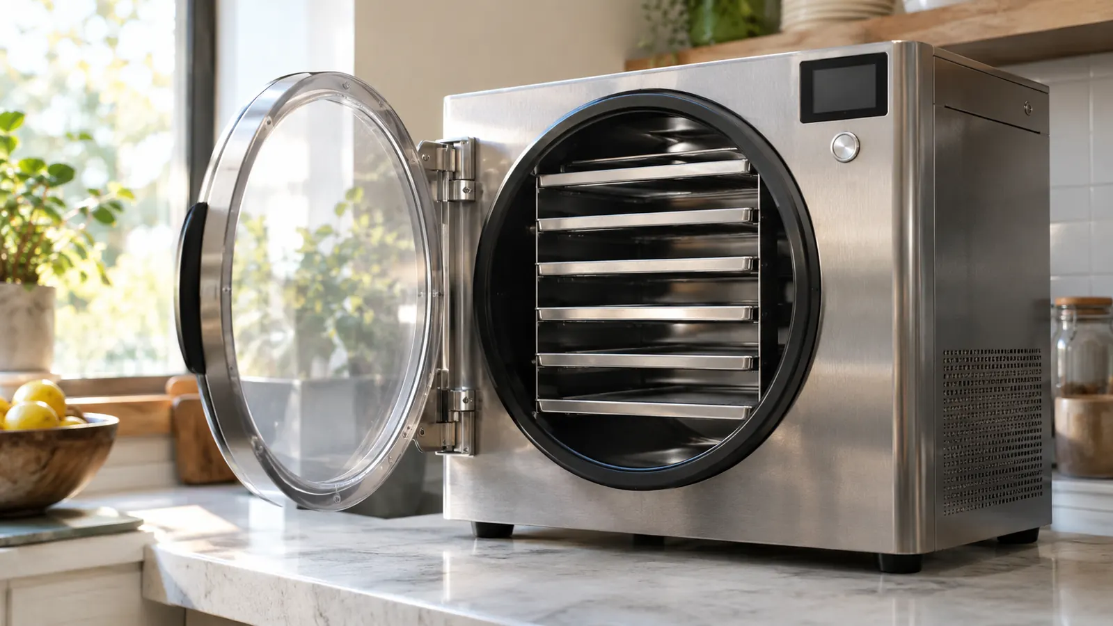 Freeze dryer on a kitchen counter with stainless steel door open and trays inside