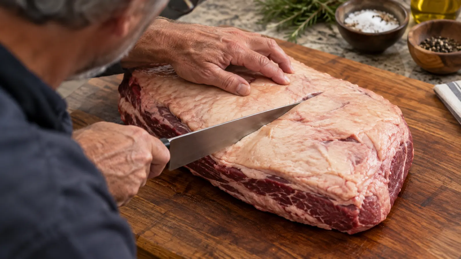 A hand guiding a butcher knife through the fat layer on a brisket