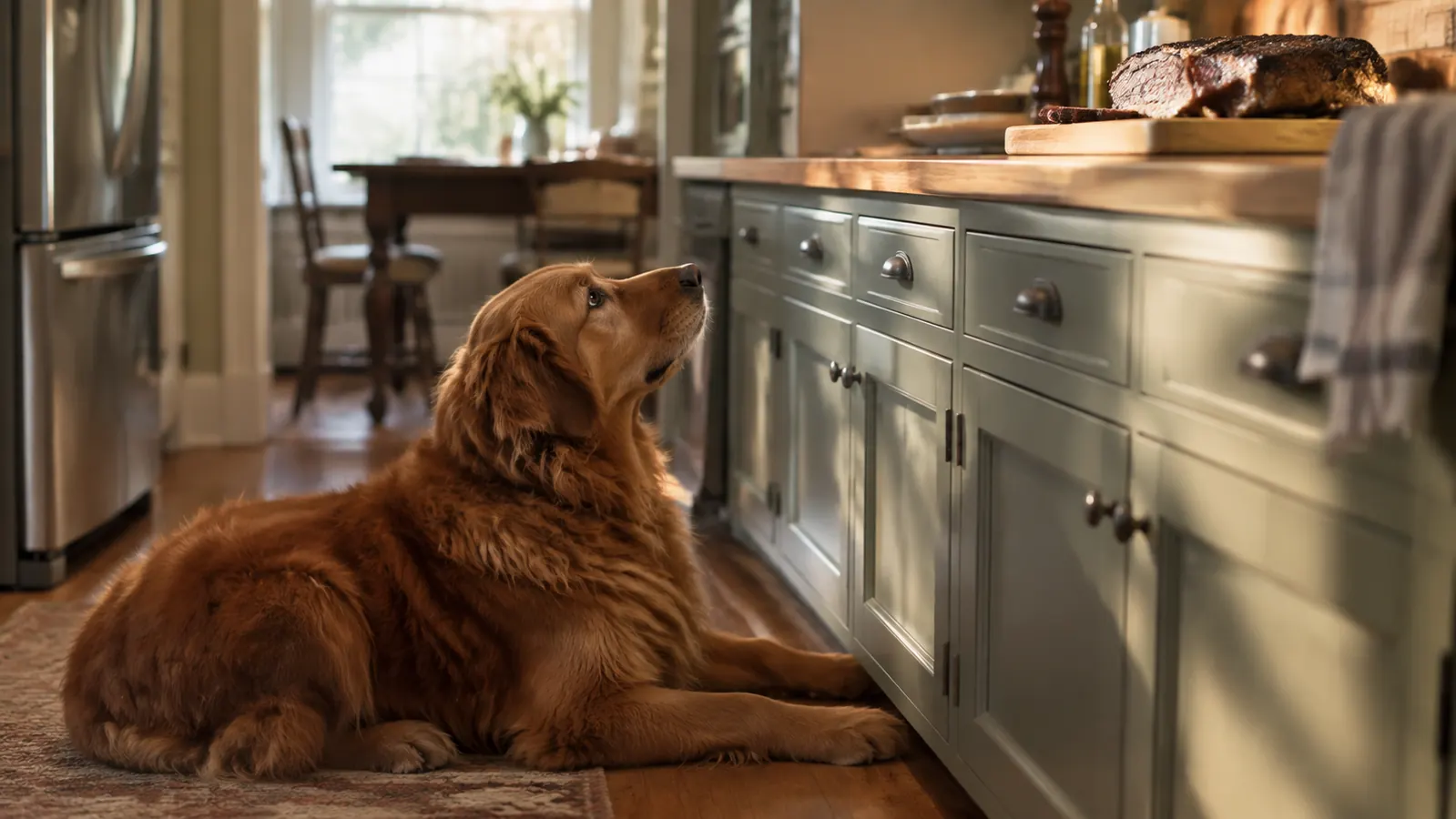 A large dog watching from the kitchen floor while a brisket is trimmed on the counter