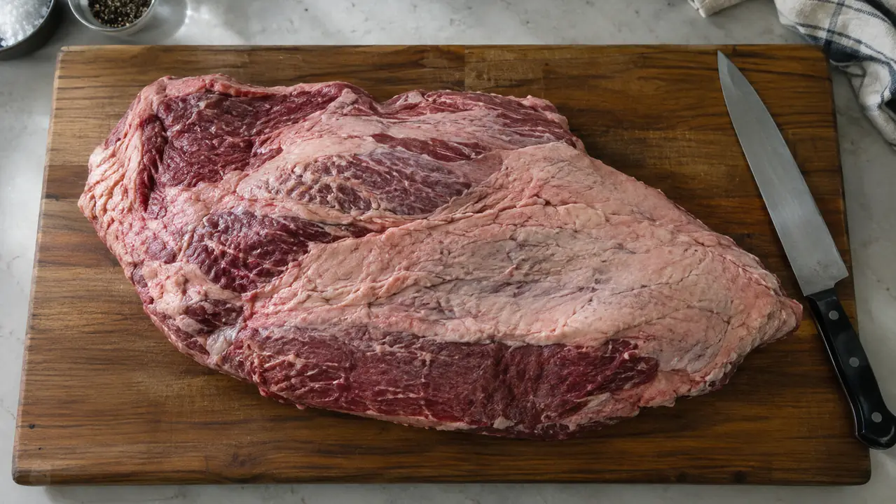 A whole brisket on a large wooden cutting board with a butcher knife resting beside it