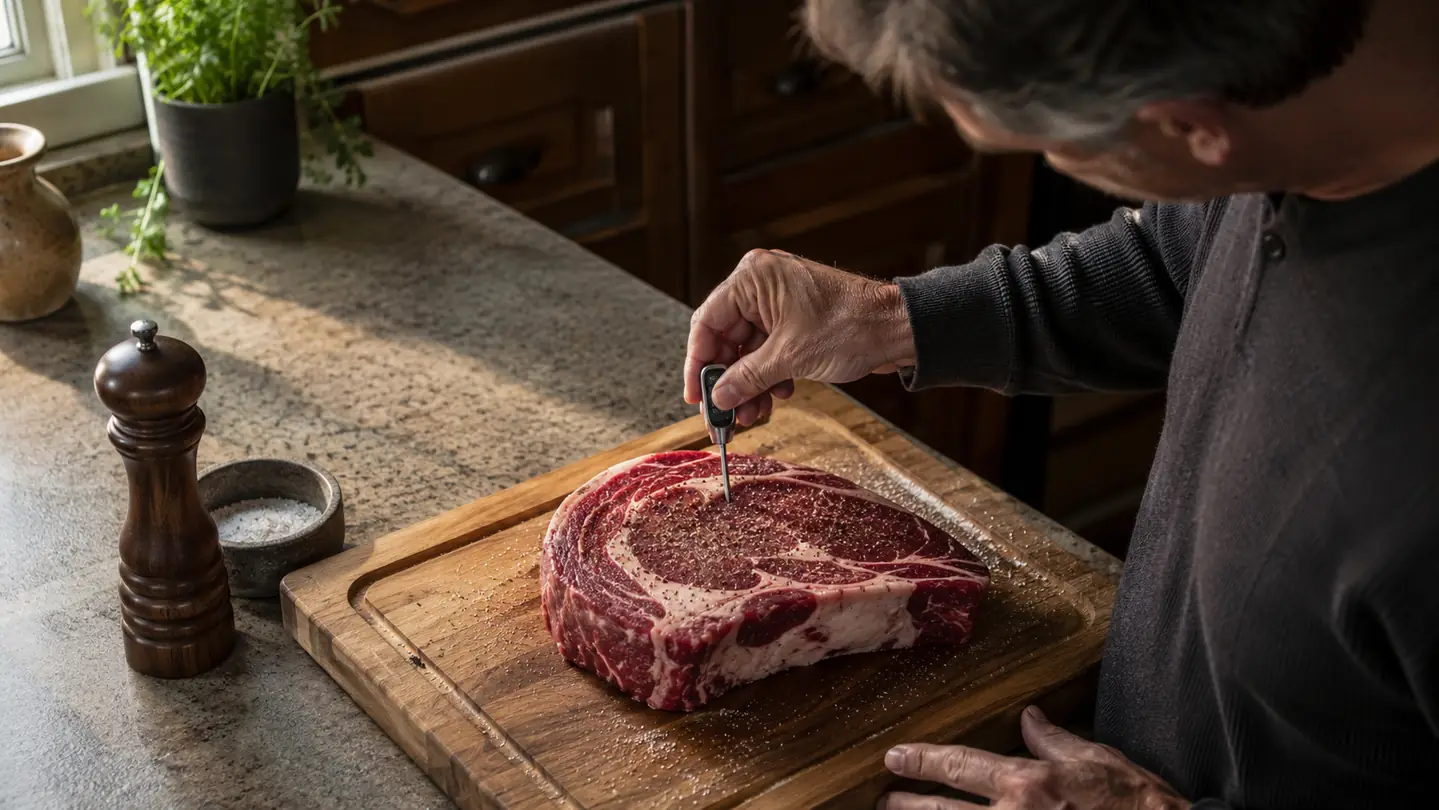 A steady hand slides an instant-read thermometer into the center of a thick steak on a wooden cutting board in warm kitchen light