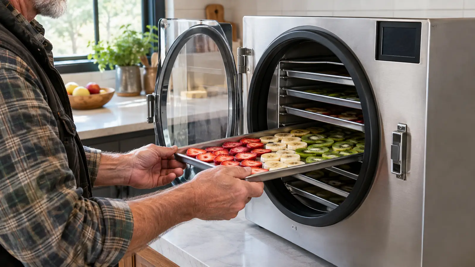 A hand placing a tray of sliced fruit into a freeze dryer