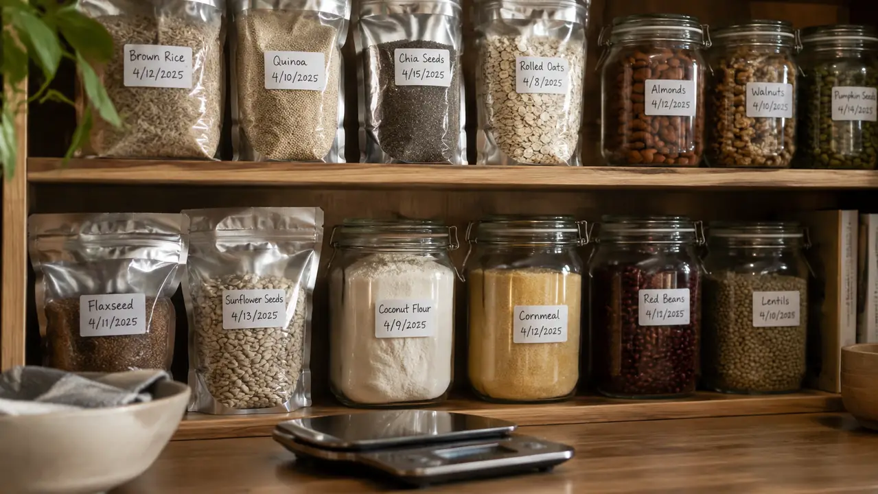A pantry shelf with sealed mylar bags and glass jars labeled with dates, a kitchen scale in the foreground