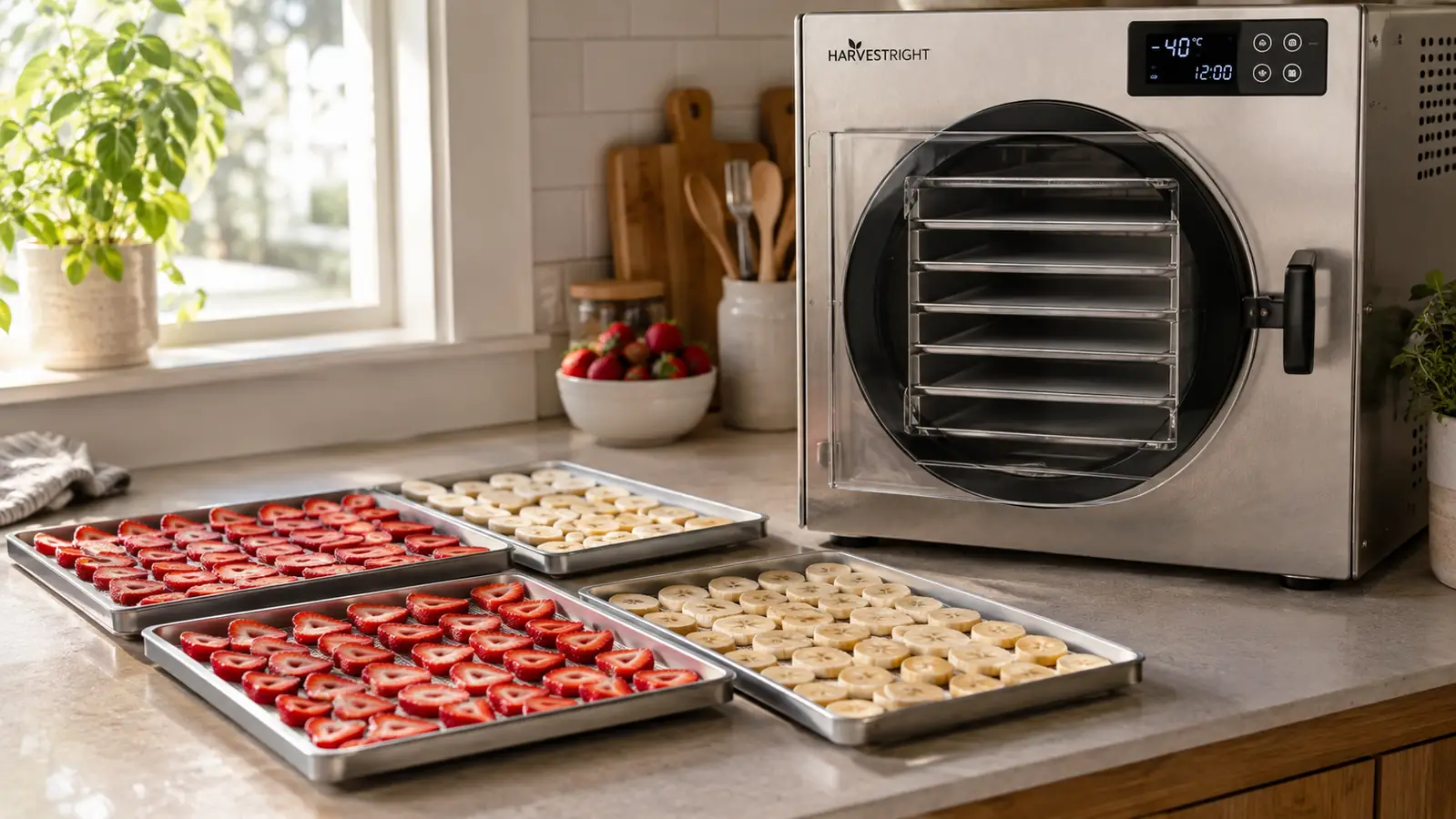 A home freeze dryer on a kitchen counter with trays of sliced strawberries and bananas, bright kitchen lighting