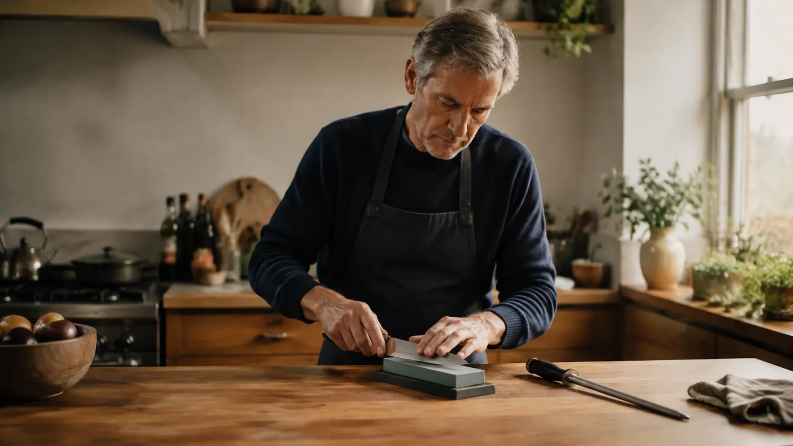A chef's knife resting on a wooden kitchen counter next to a polished honing steel and a whetstone in soft morning light