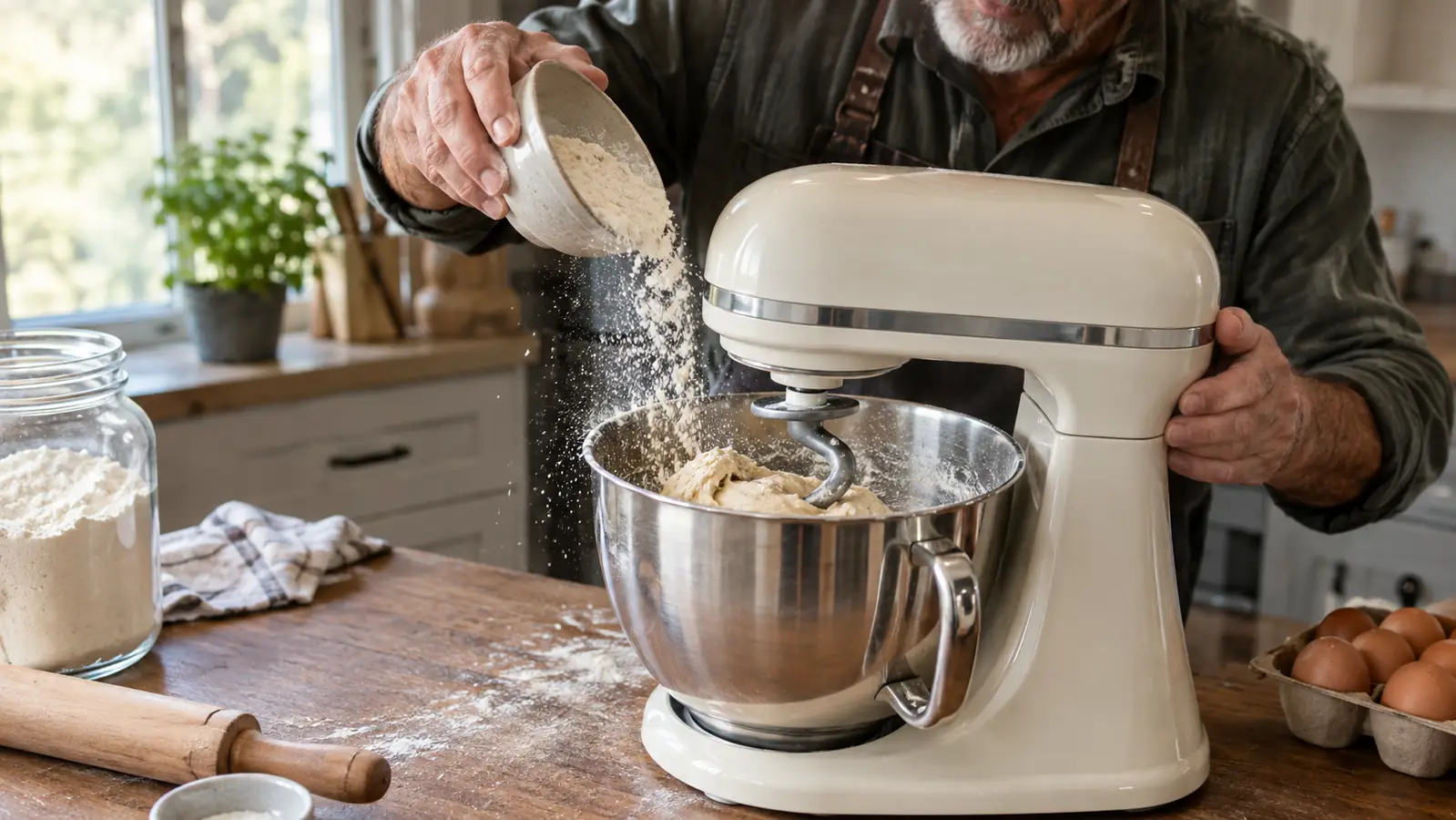 A hand adding flour to bread dough being kneaded in a stand mixer bowl