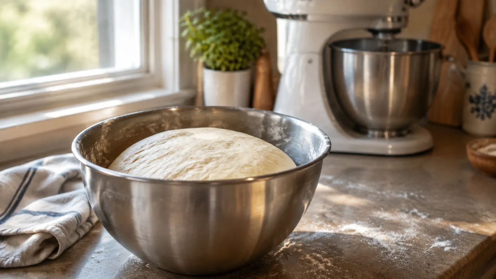 A mixing bowl of pale bread dough on a floured kitchen counter in soft morning light