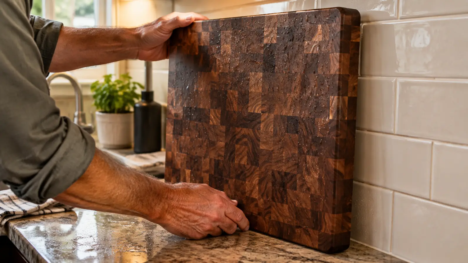 A man's hand standing a thick wooden cutting board on its edge to dry against a counter backsplash