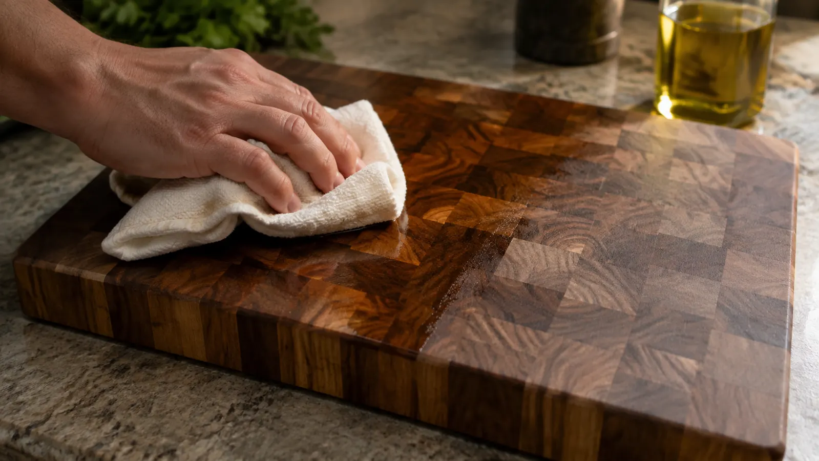 A cloth spreading oil across the dark checkerboard face of a wooden cutting board