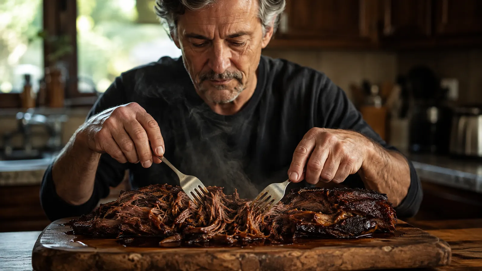 Shredded fork-tender beef being pulled apart with two forks on a wooden board, rich dark sauce pooling around the strands
