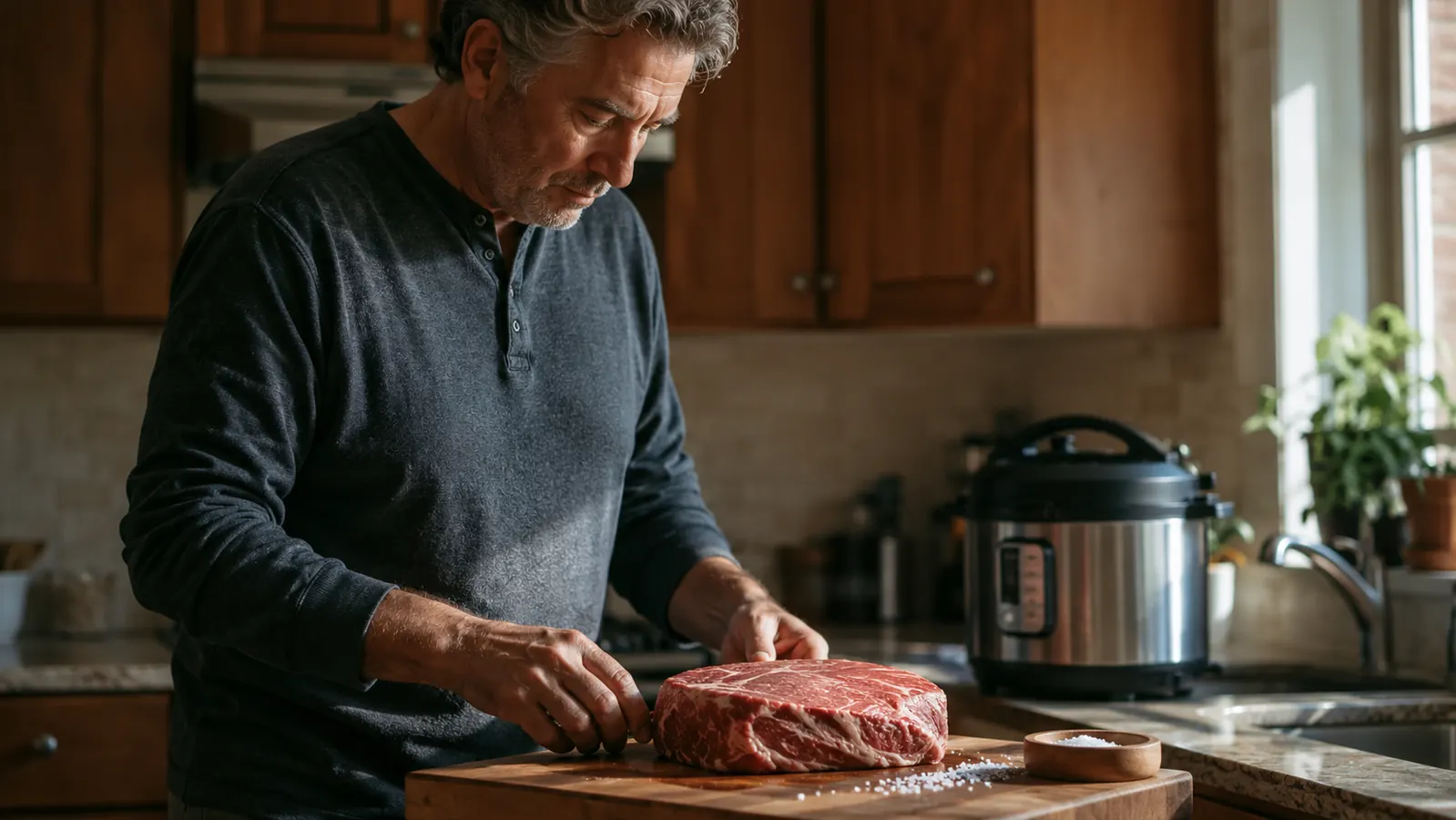 Heavy chuck roast on a wooden cutting board with coarse salt scattered beside it, a stainless steel electric pressure cooker in the background of a home kitchen