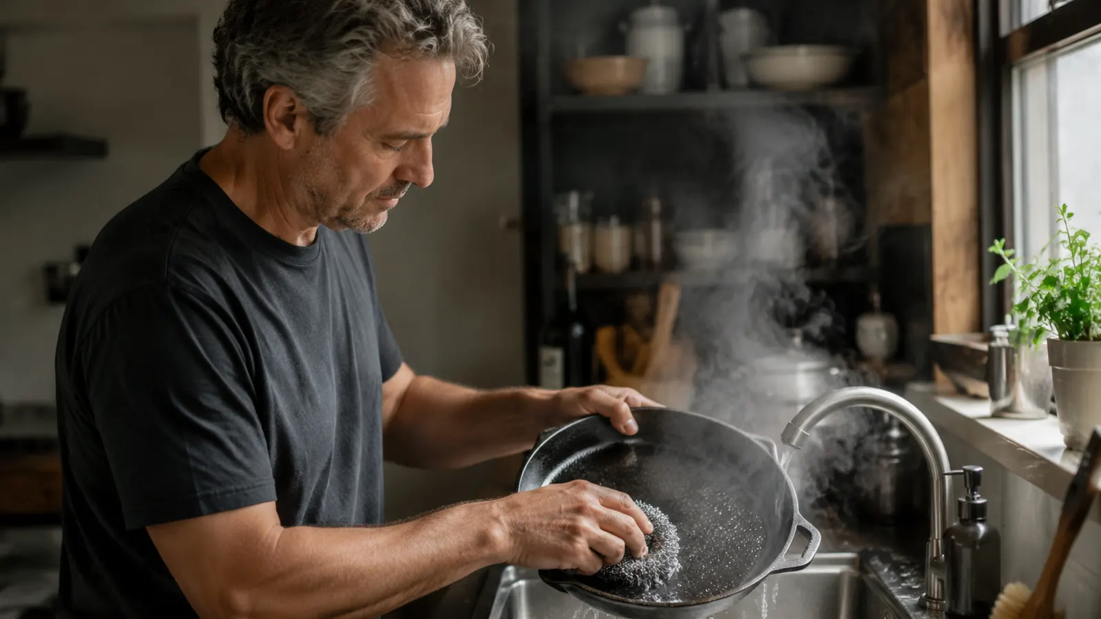A large cast iron skillet under steaming hot tap water in a kitchen sink while a hand scrubs the interior with a coarse scrubber