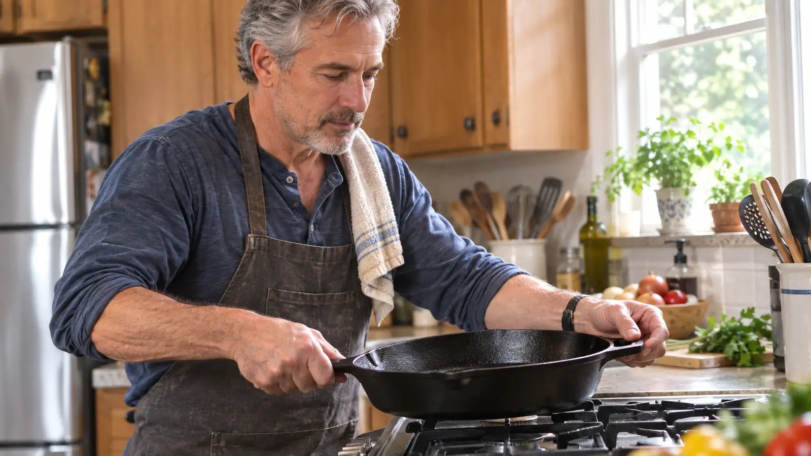 A home cook's hands holding a heavy large cast iron skillet over a kitchen stove in the warm morning light of a window