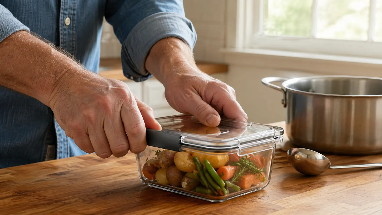 Hands closing the locking latch lid on a rectangular food storage container on a kitchen counter