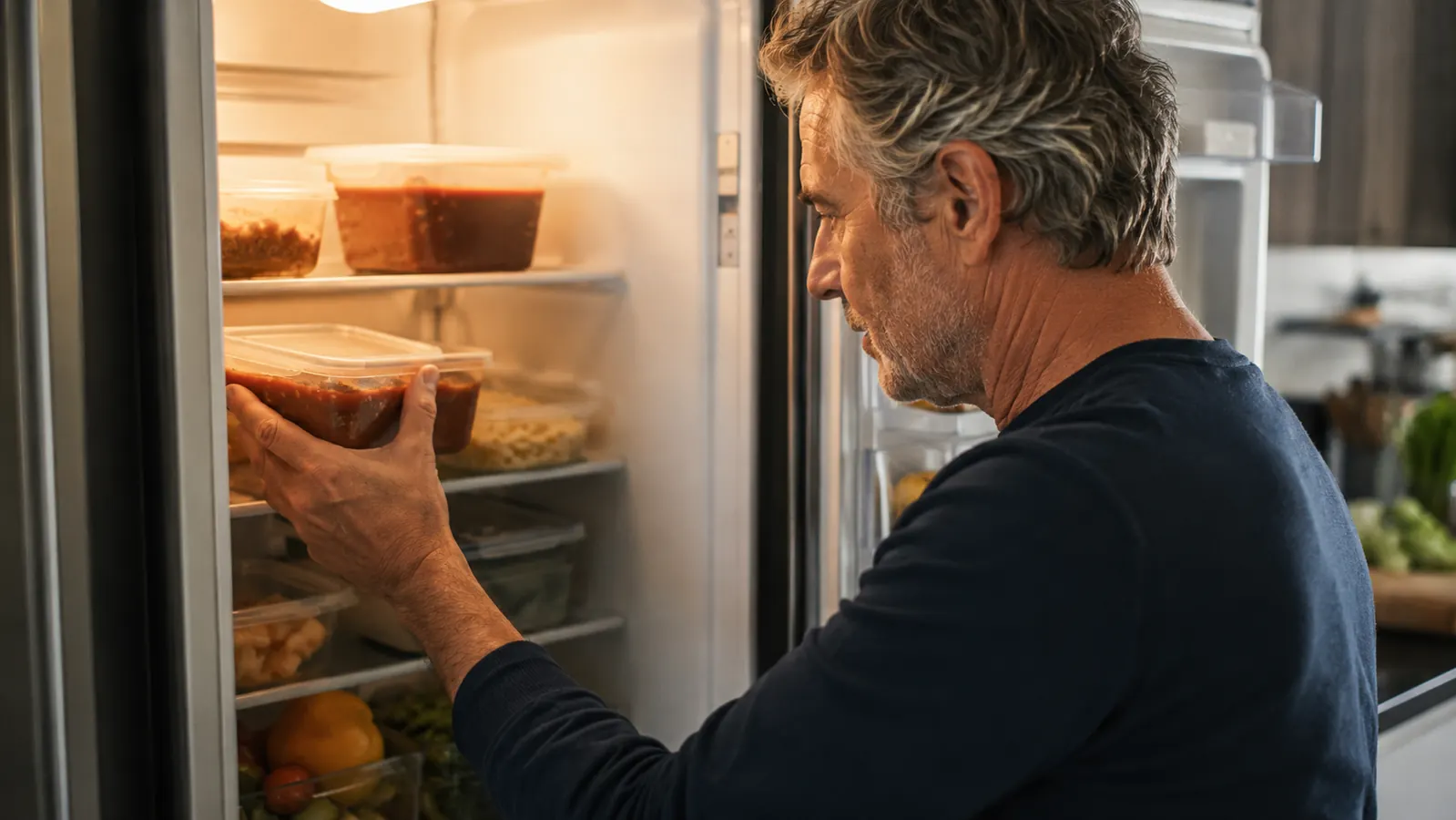 An open refrigerator with shelves of rectangular food storage containers holding leftover stew and cooked pasta