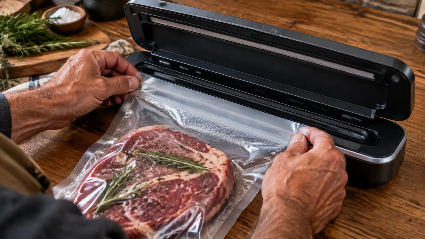 Hands placing a filled vacuum-seal bag into the sealer channel before closing the lid