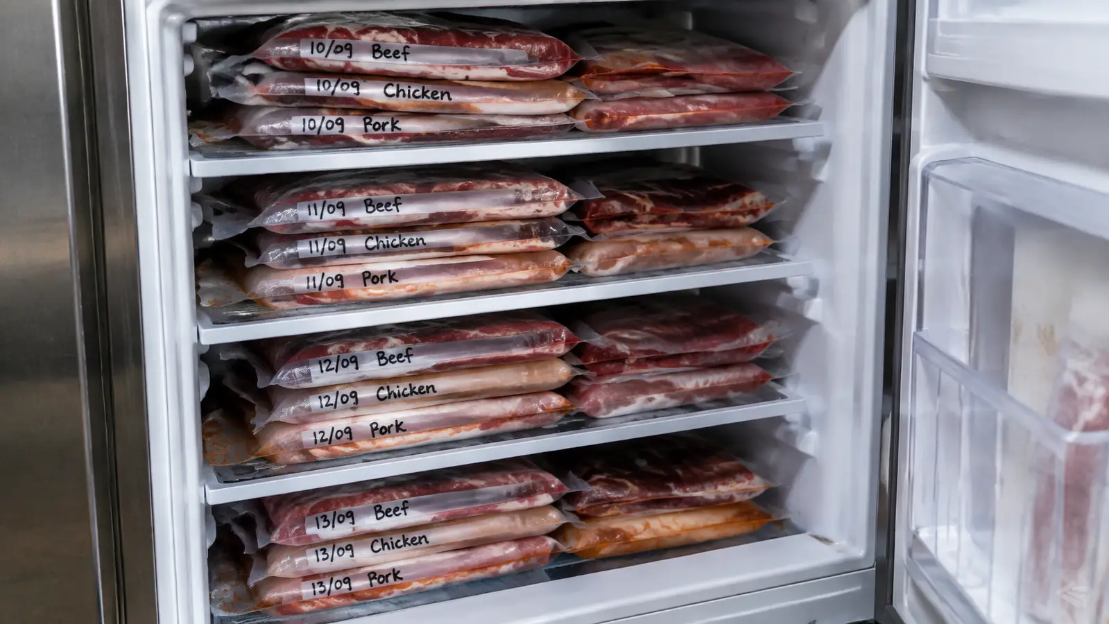Flat labeled vacuum-seal bags stacked on a freezer shelf with dates written in marker