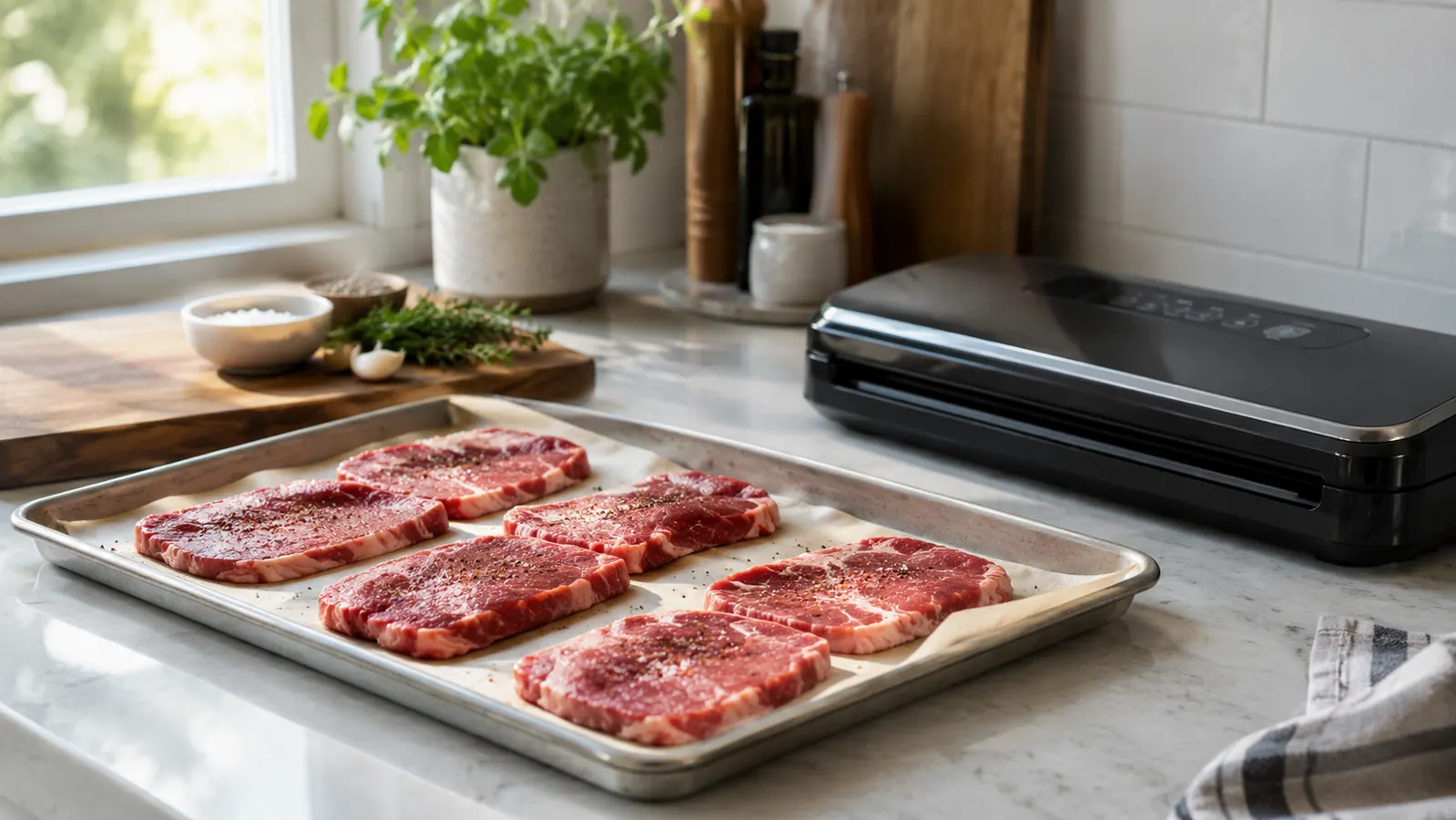 Raw meat portions laid flat on a parchment-lined sheet tray beside a vacuum sealer on a kitchen counter