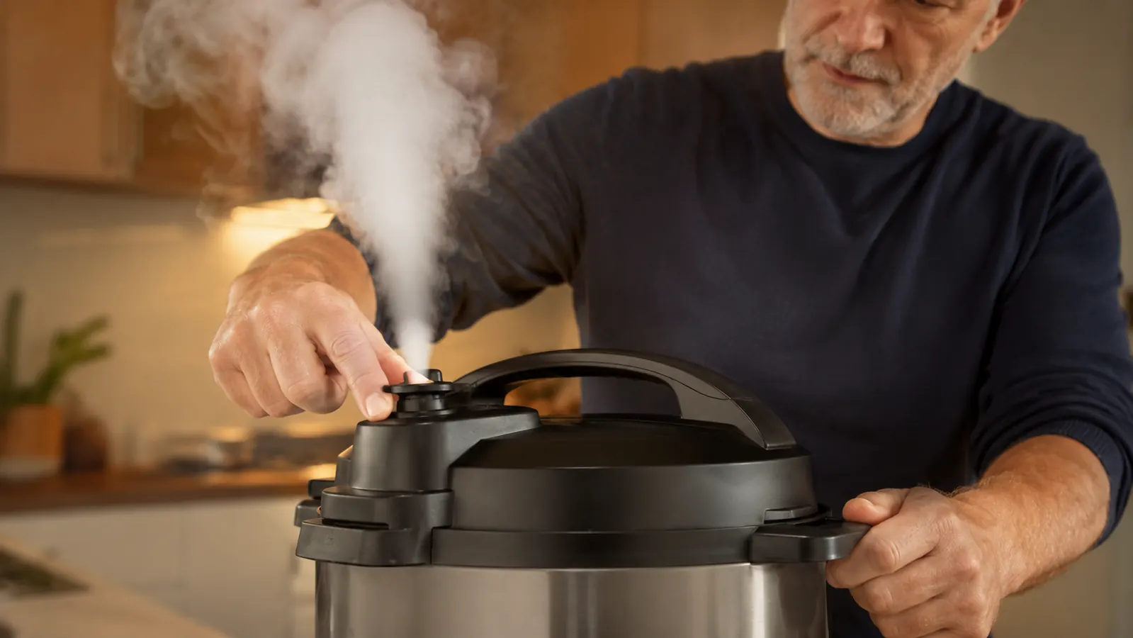 A hand pressing down on the steam release lever of a pressure cooker lid while a forceful plume of steam vents out of the valve