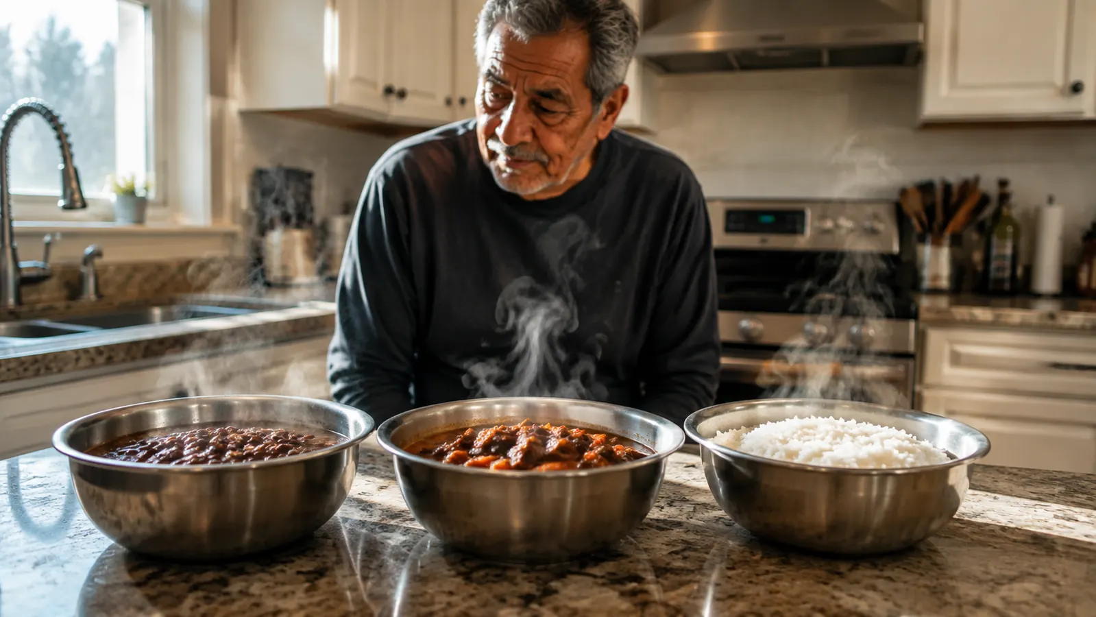 Three stainless bowls of beans, stew and rice lined up on a kitchen island, thin steam rising from each bowl in late afternoon light
