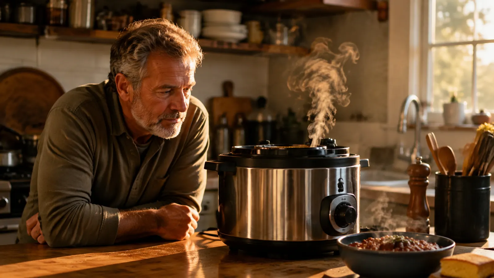 A stainless 6-quart electric pressure cooker on a kitchen counter, steam rising from the vent, with a bowl of chili and cornbread beside it in warm evening light