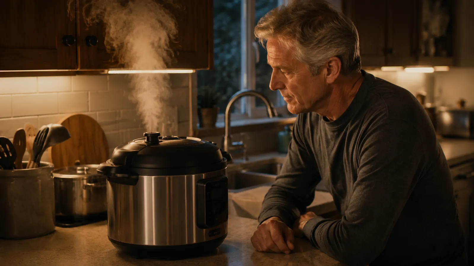 Steam rising from the venting valve of a multicooker on a kitchen counter at dusk.