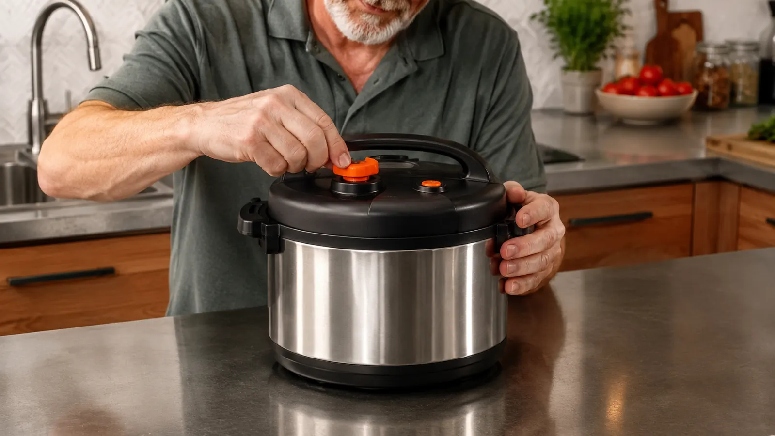Hands locking the lid and turning the steam valve on a digital pressure cooker sitting on a kitchen counter.