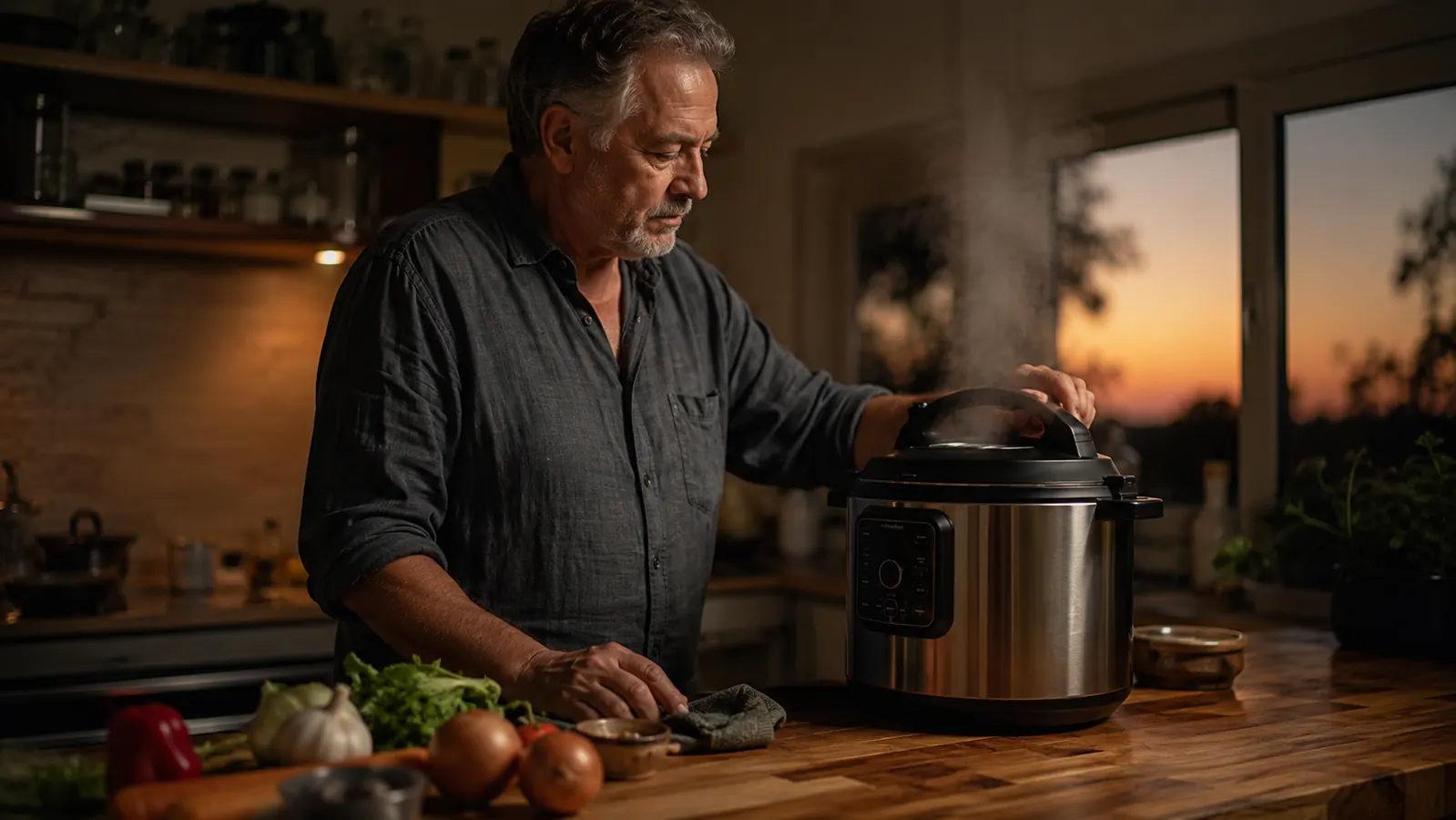 Man in his sixties standing beside a countertop multi-cooker with steam rising in a warmly lit weeknight kitchen.
