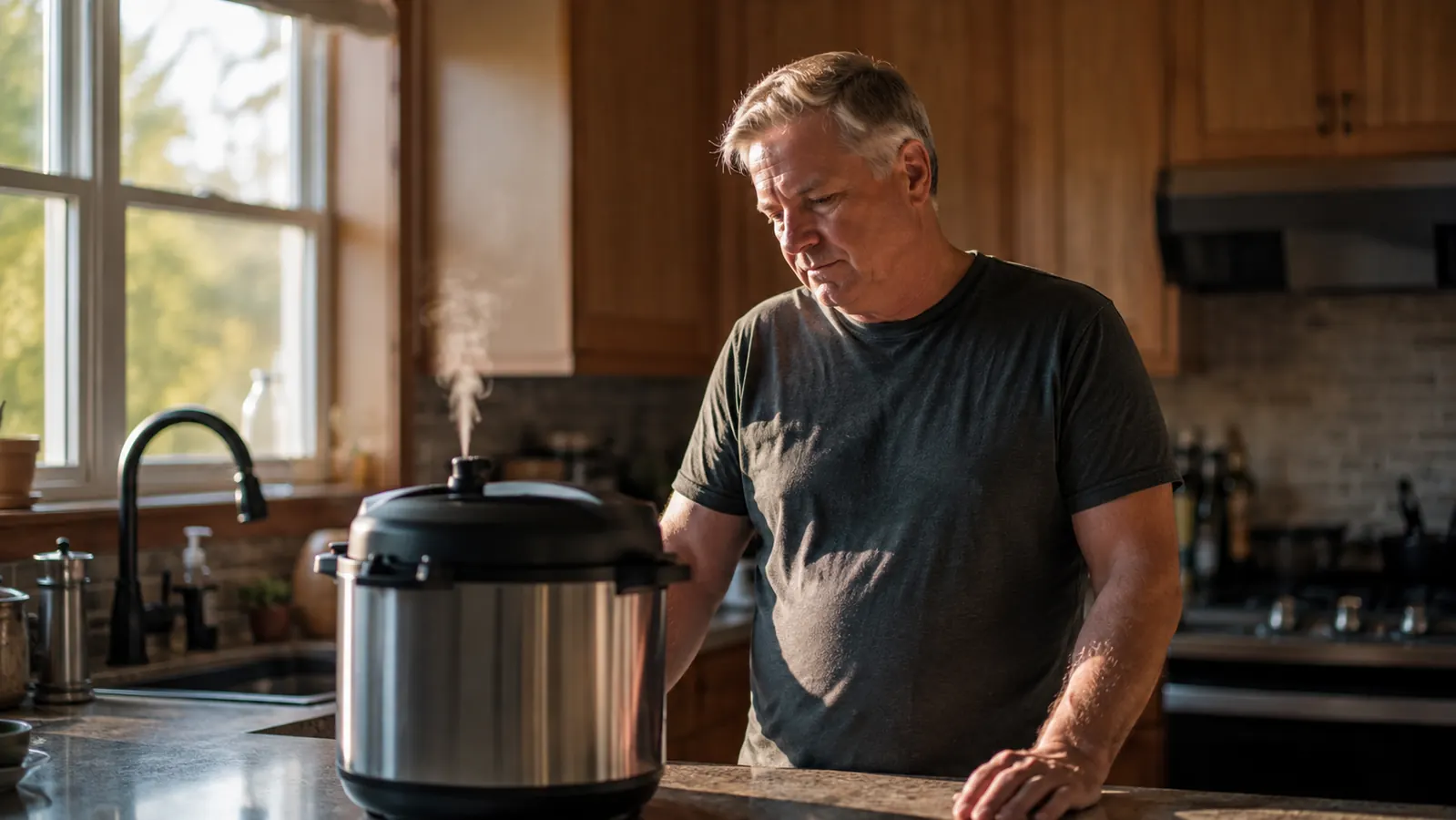 An electric pressure cooker sitting on a kitchen counter with a thin wisp of steam rising from the valve in warm evening light.