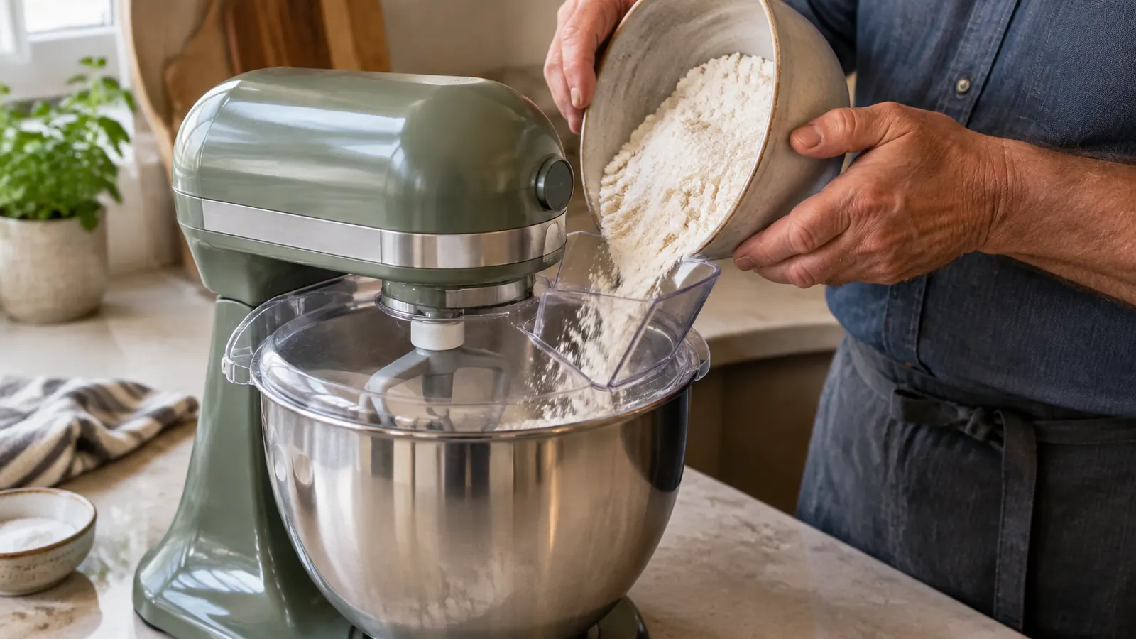 Hands pouring dry ingredients into the mixing bowl of a stand mixer with the pour shield in place
