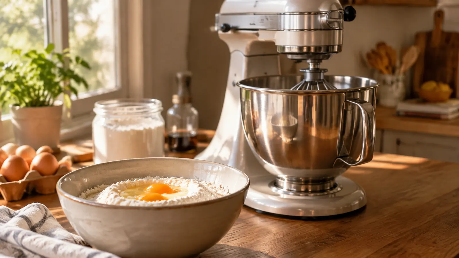 A stand mixer on a home kitchen counter beside a mixing bowl with flour and eggs in soft morning light