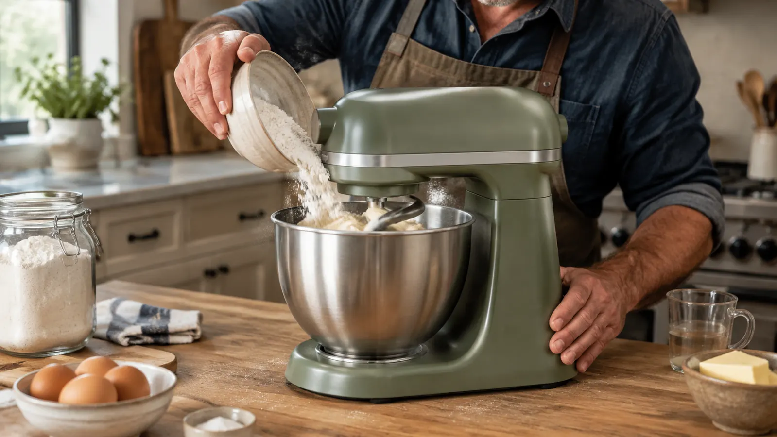 A hand adding flour to the mixing bowl of a KitchenAid stand mixer while the dough hook turns