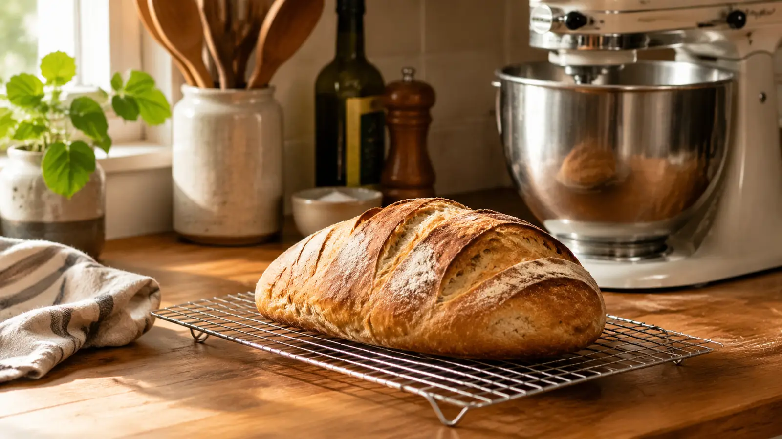 A fresh loaf of bread cooling on a wire rack next to a KitchenAid stand mixer