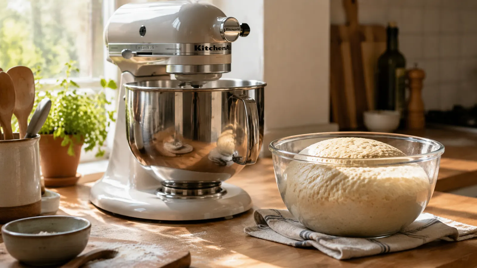 A KitchenAid tilt-head stand mixer on a kitchen counter beside a bowl of bread dough in soft morning light