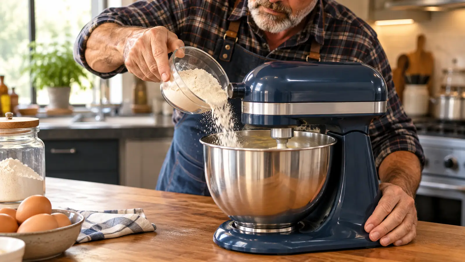 Hand adding flour to the mixing bowl while a stand mixer runs