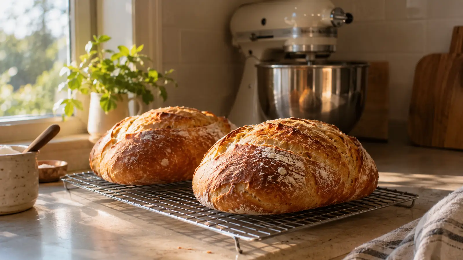 Two loaves of bread cooling on a wire rack next to a stand mixer