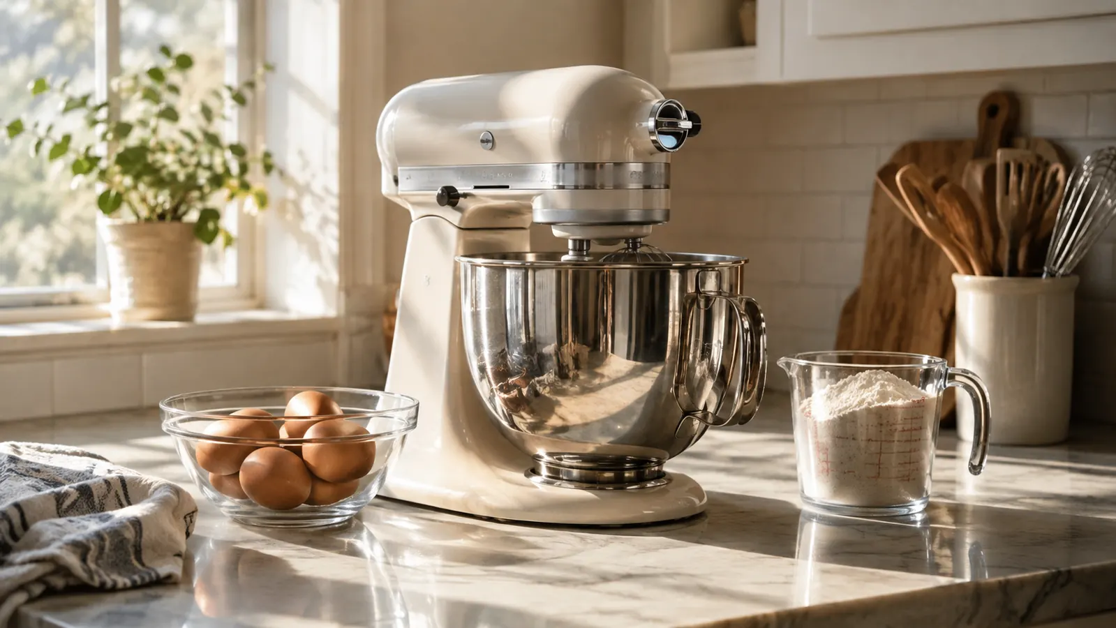 Stand mixer on a kitchen counter beside a bowl of eggs and a measuring cup of flour