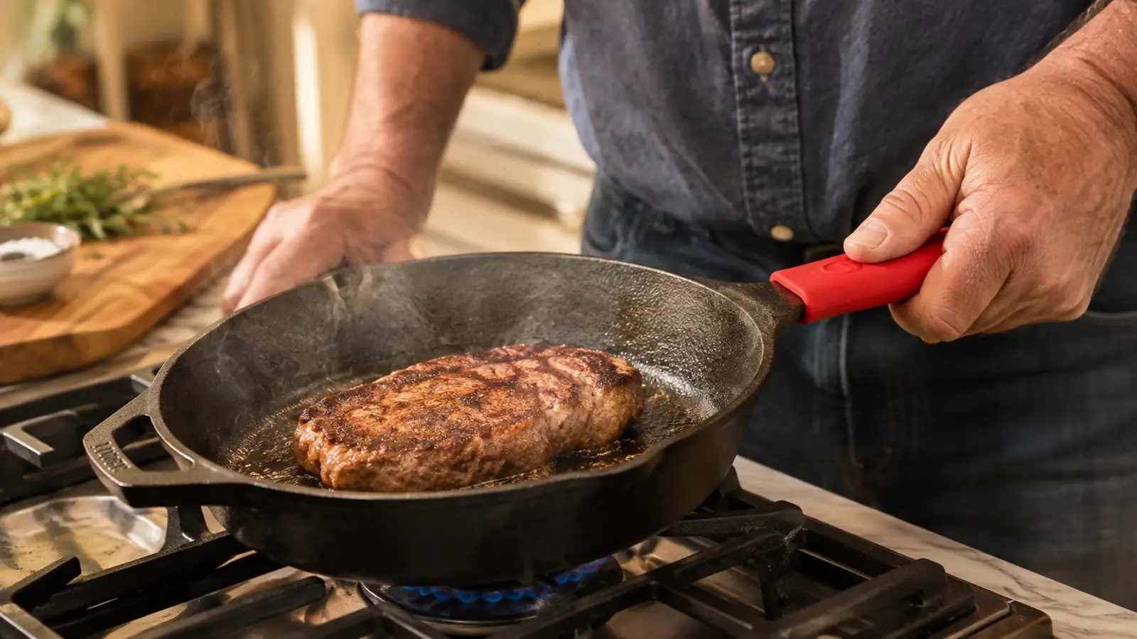 Close-up of a hand gripping a cast iron skillet handle with the silicone holder while a steak sears in the pan