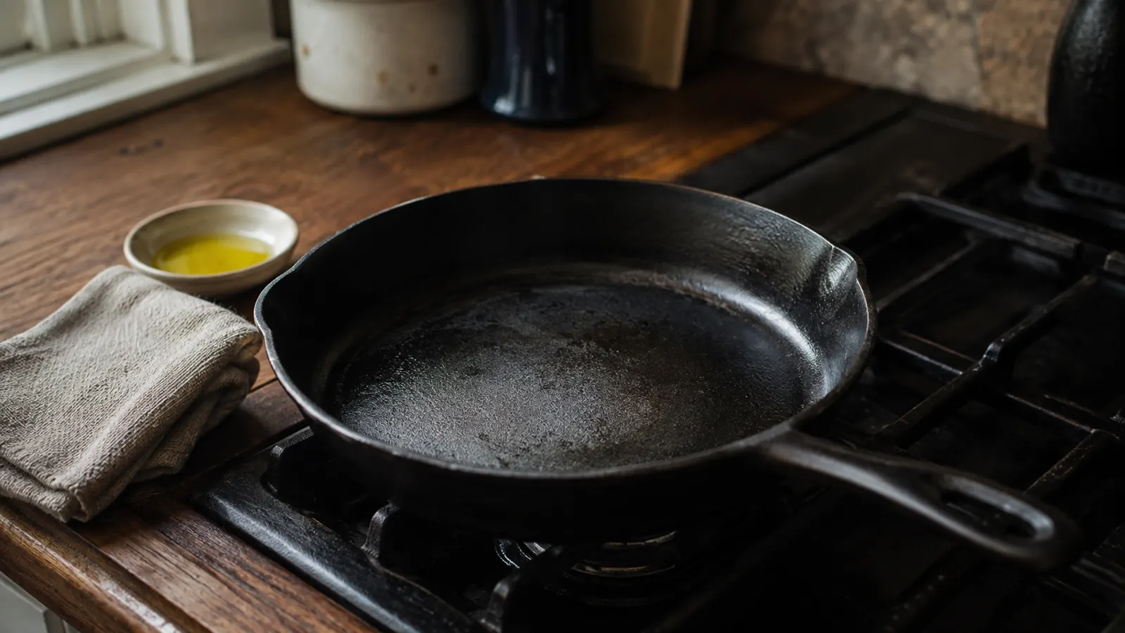 A clean cast iron skillet drying on a stovetop burner with a folded rag and a small dish of cooking oil beside it