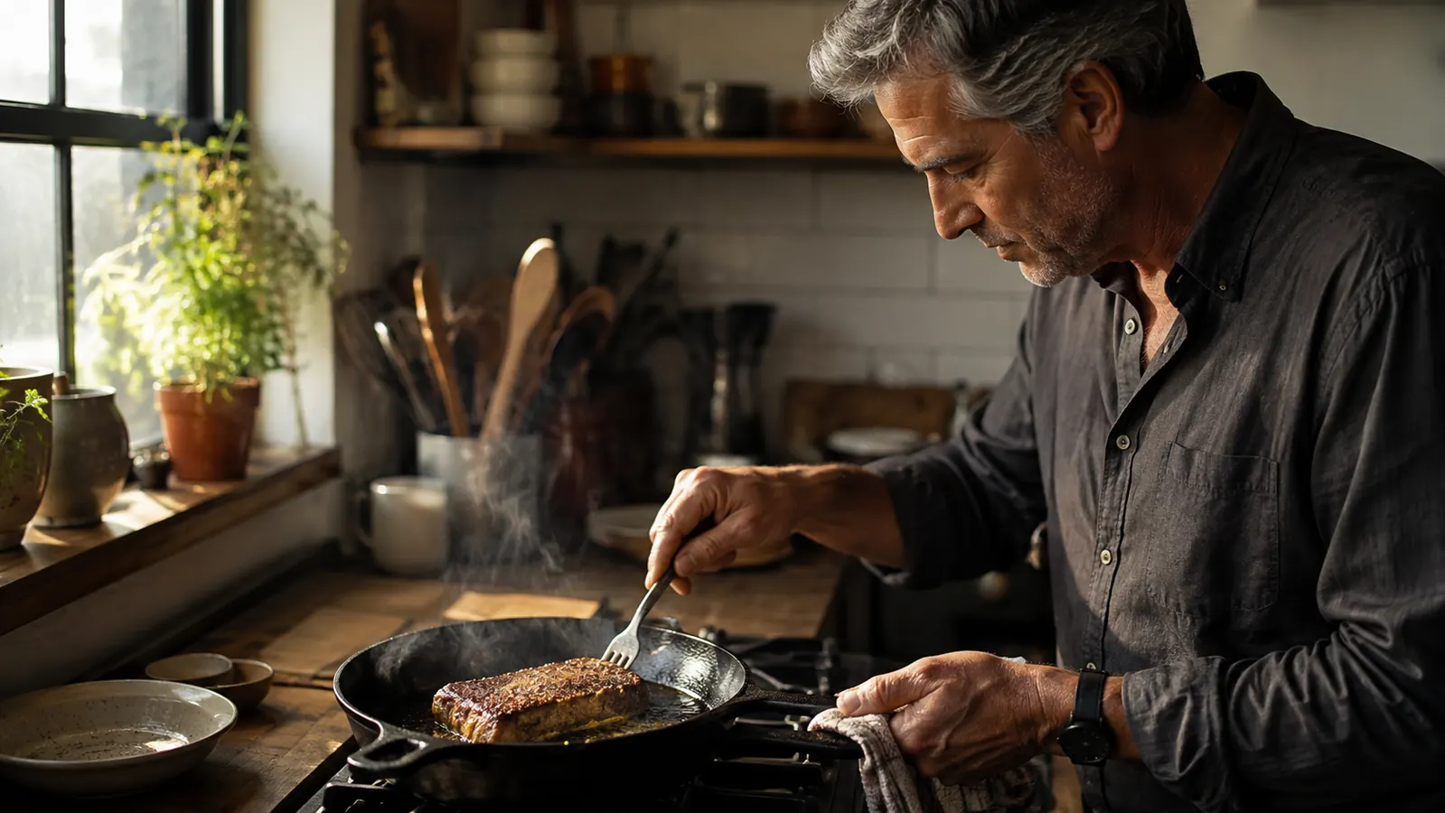 A seasoned cast iron skillet on a stovetop with a seared steak and faint steam rising in warm morning light