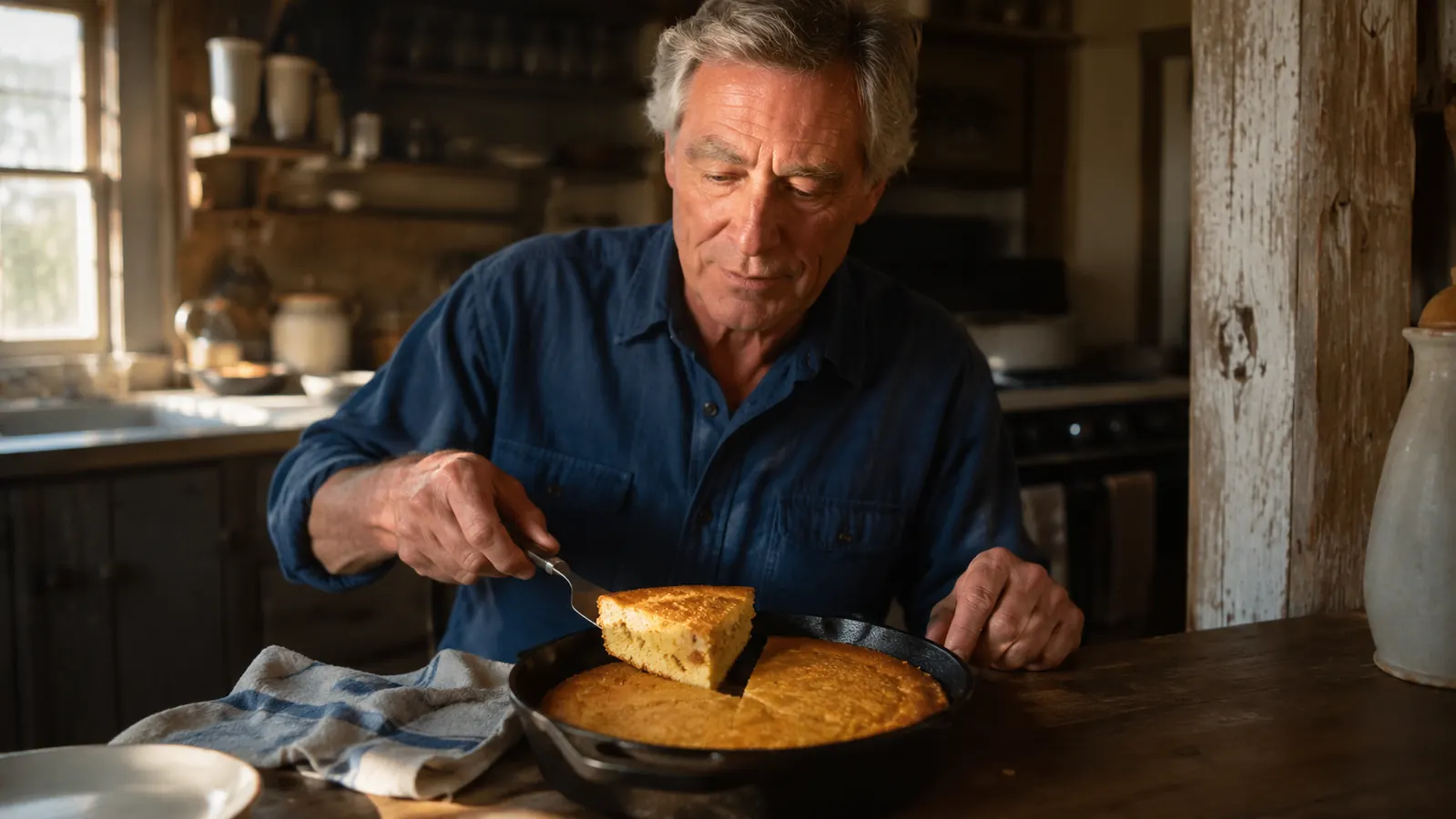 Cornbread cut into wedges in a cast iron skillet on a scrubbed wooden kitchen table, a folded cotton tea towel beside it, late afternoon light