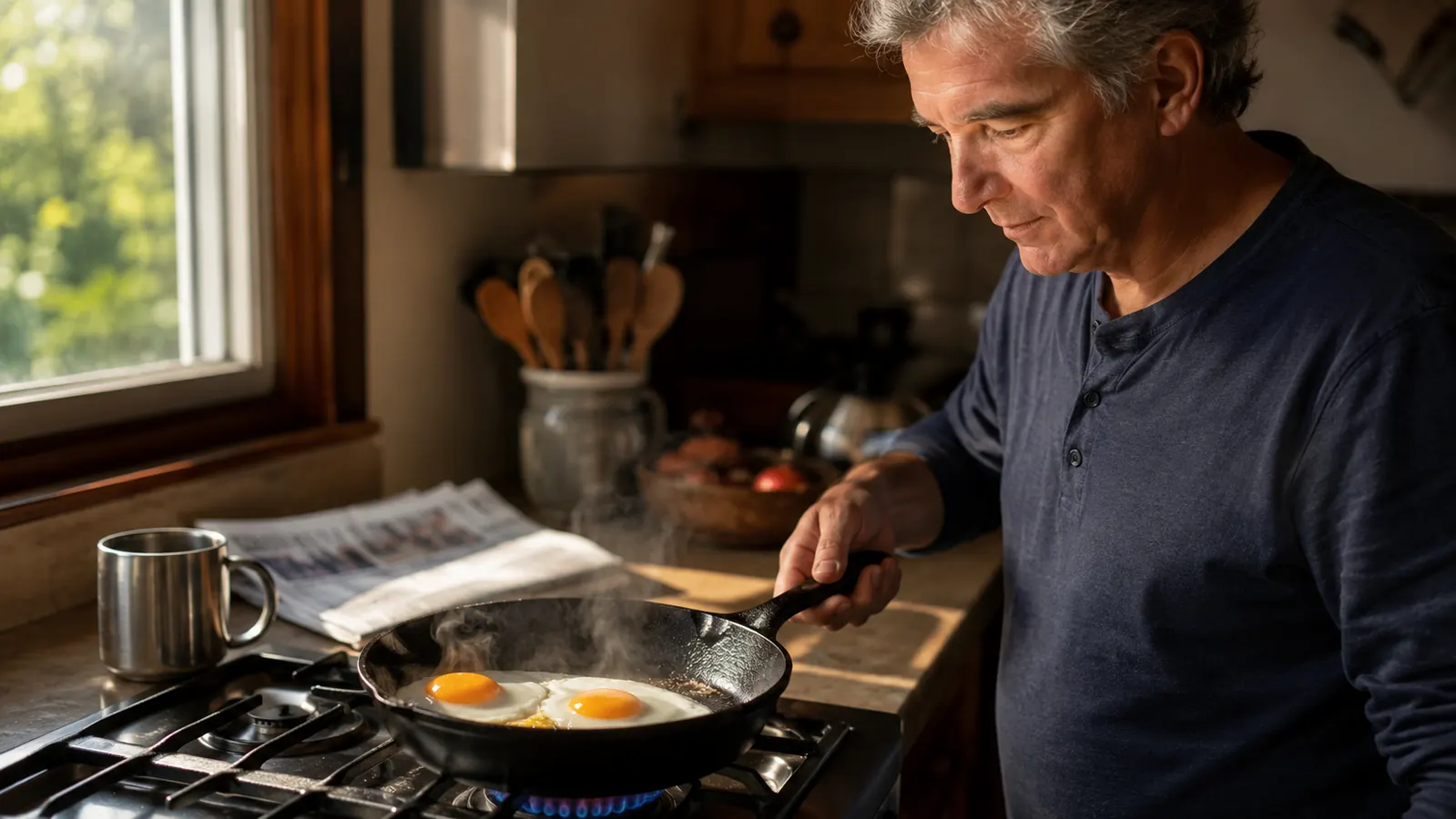 Two eggs frying sunny side up in a seasoned cast iron skillet on a gas stove, morning light coming from a kitchen window