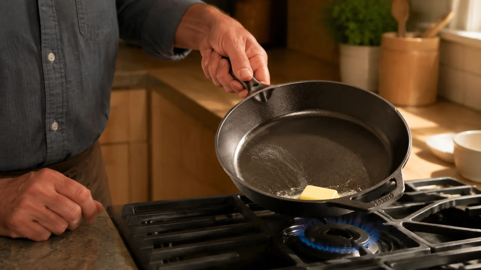 A hand tilting a cast iron skillet on the stove to slide a pat of butter across the cooking surface