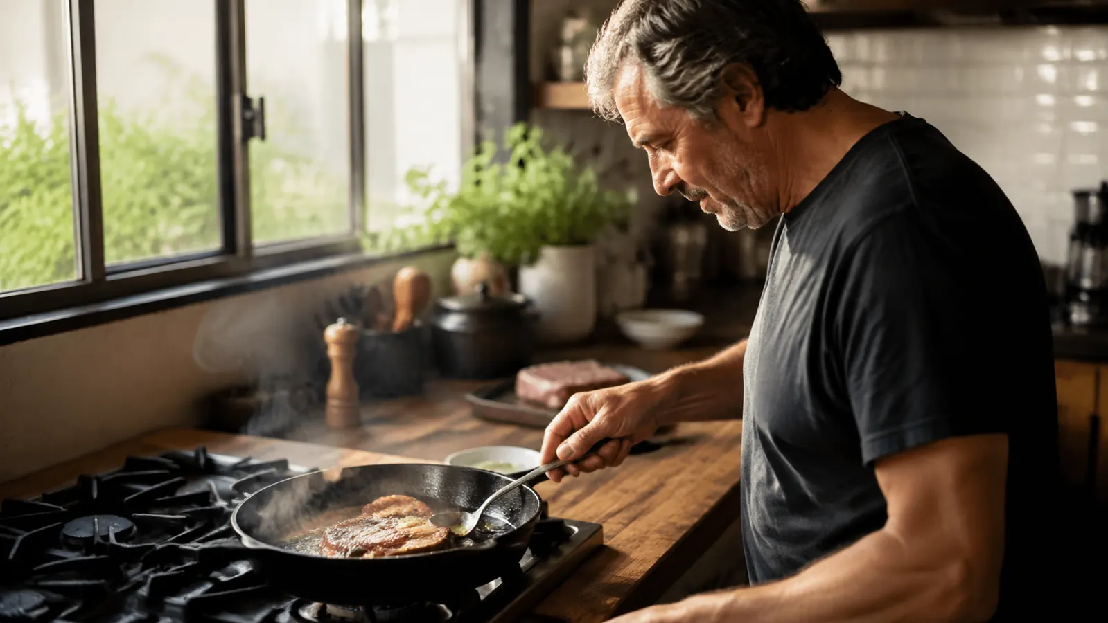 A cast iron skillet with a steak searing on a gas burner, steam rising in warm kitchen light