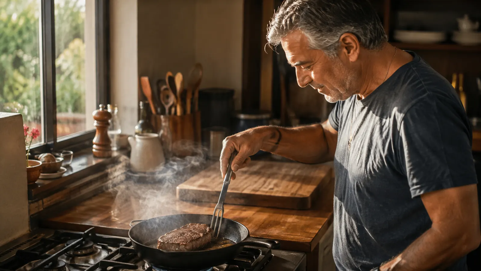 A steak searing in a cast iron skillet on a stove top, steam rising in warm kitchen light