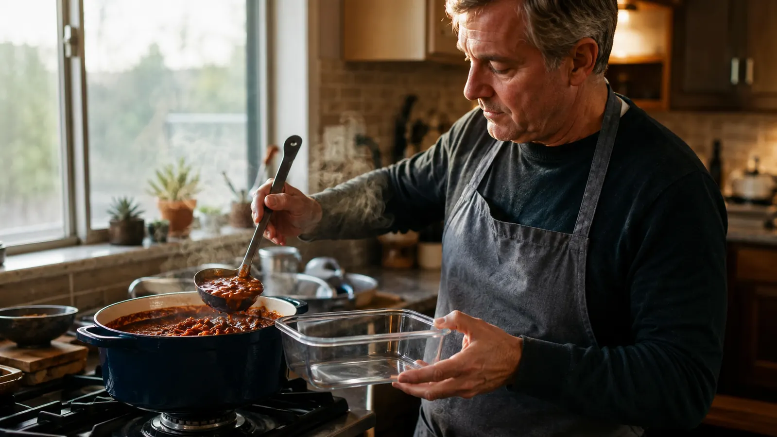 A stainless pot of rich red chili simmering on the stove with an open clear storage container beside it, steam rising